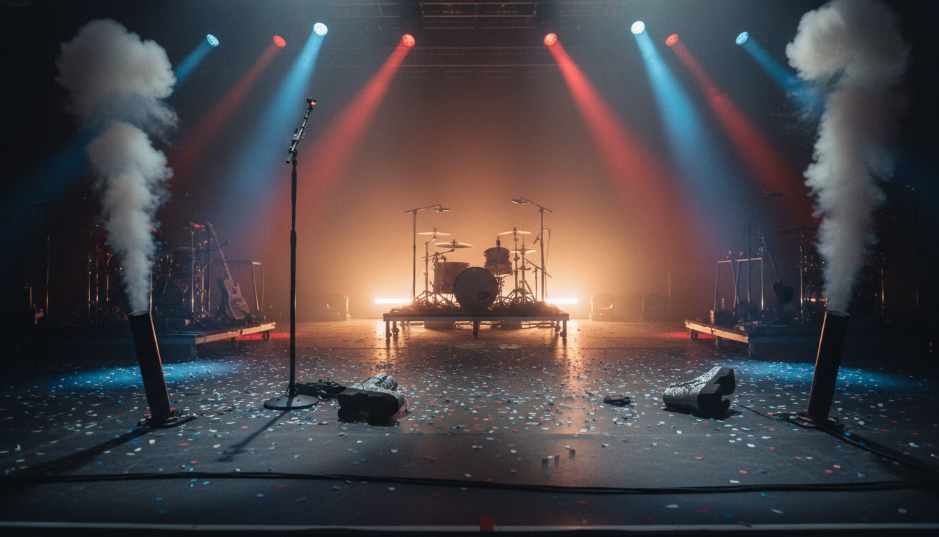 Scenă de concert goală după ultimul show, cu fum, confetti și lumini roșii și albastre