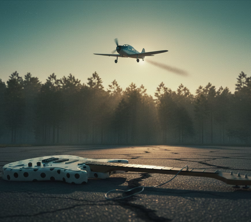 Ilustrație: un avion mic cu un singur motor deasupra unei păduri din Florida, cu o chitară albă pe asfalt în prim-plan
