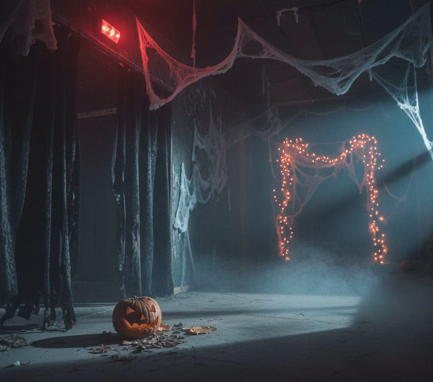 Coridorul gol al unei case bântuite de Halloween, în fum și lumini roșii și albastre