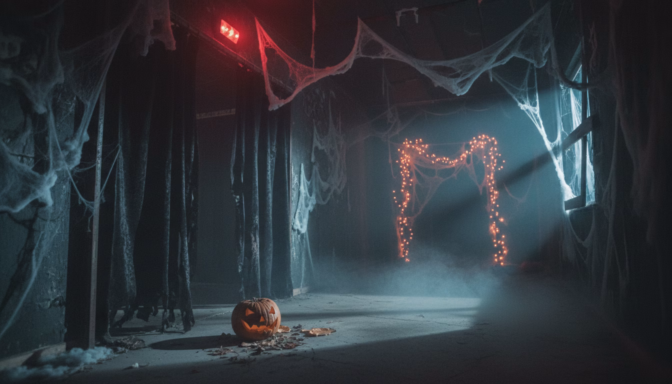 Coridorul gol al unei case bântuite de Halloween, în fum și lumini roșii și albastre