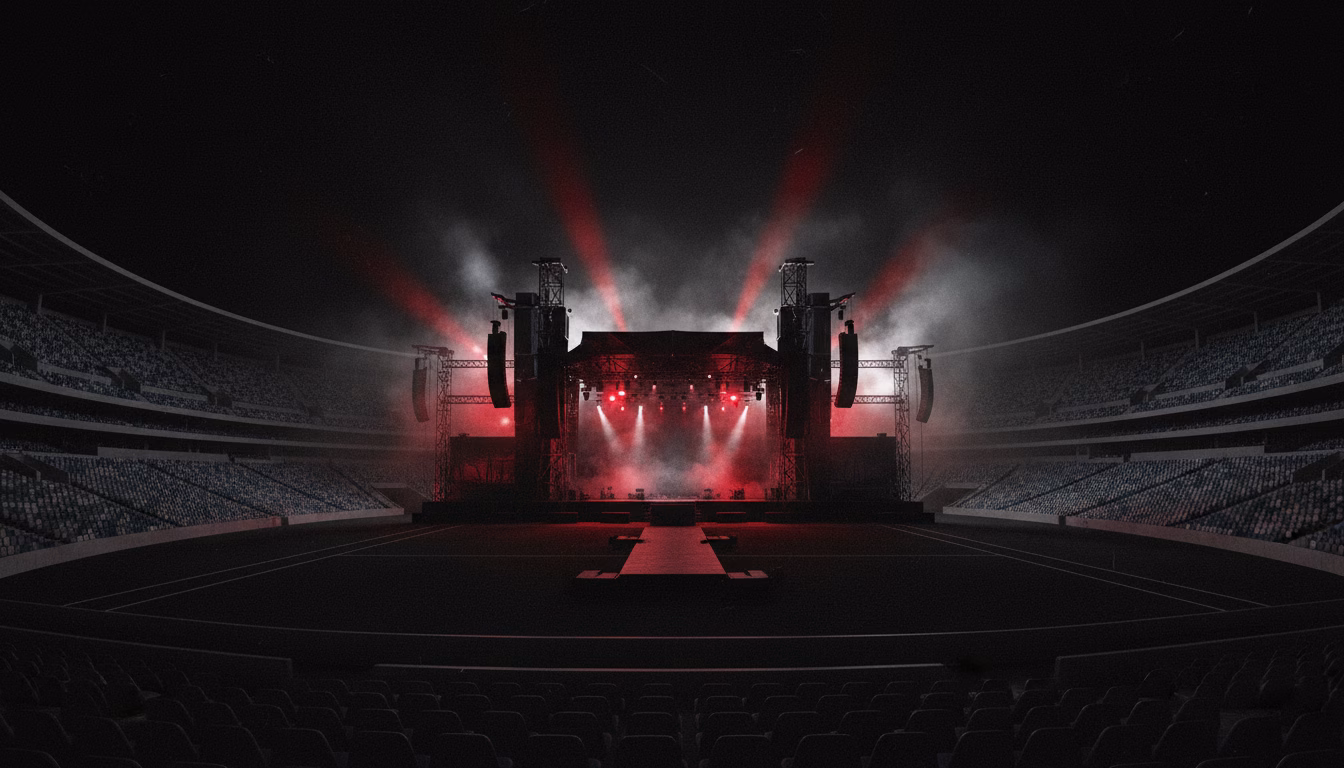 Ilustrație: stadion gol noaptea, cu o scenă de concert metal luminată în roșu și fum