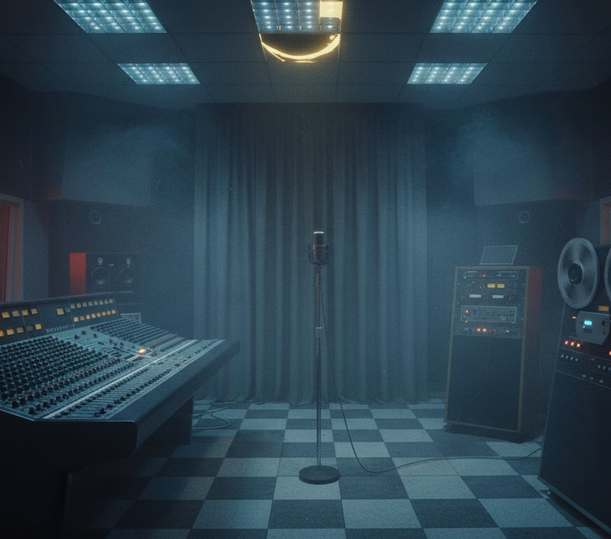 Ilustrație: studio de înregistrări londonez din anii '80, cu o consolă de mixaj și lumini roșii care pâlpâie în fum