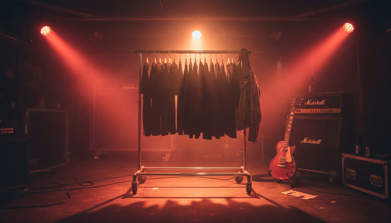 Stender cu tricouri negre rock într-un backstage întunecat, lumini roșii și fum