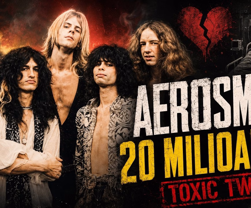 Membrii Aerosmith în anii '70, cu textul Aerosmith, 20 milioane $, Toxic Twins, o inimă frântă și un pat de spital gol