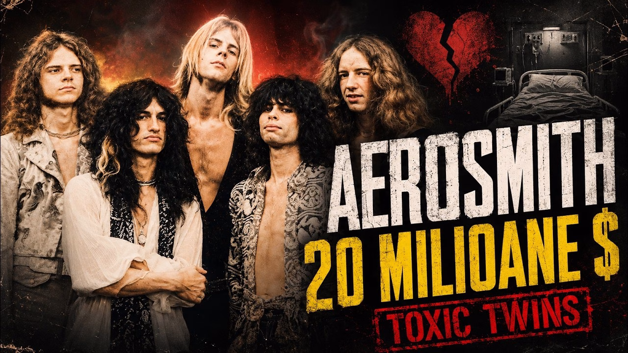 Membrii Aerosmith în anii '70, cu textul Aerosmith, 20 milioane $, Toxic Twins, o inimă frântă și un pat de spital gol